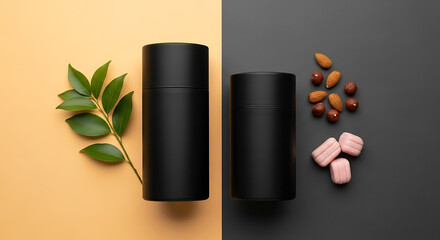 Minimalist black packaging with healthy snacks and green leaves on contrasting backgrounds