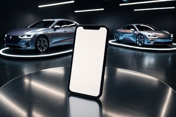 Blank screen smartphone on reflective table in high tech automotive showroom setting