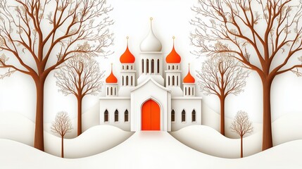Fototapeta premium White Church in Snowy Landscape Paper Art Illustration