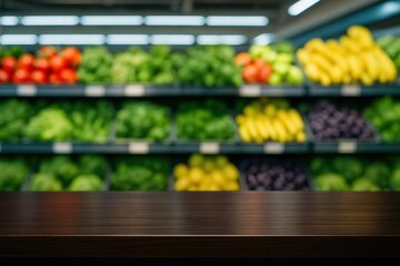 Empty dark wooden table surface in a blurred supermarket produce aisle for product display