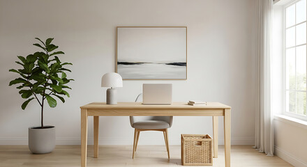 Minimalist home office with wooden desk laptop plant and abstract artwork design