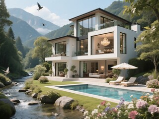A white, modern villa with large glass windows, a swimming pool, and a garden on the side of it, situated in front of green mountains by the river