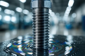 Macro shot of a metal bolt with intricate threads emerging from iridescent liquid in an industrial setting