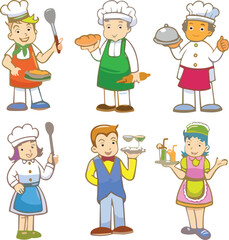 Diverse Cartoon Chefs, Waiters, and Cooks in Professional Uniforms, Holding Food, Utensils, and Drinks, Perfect for Restaurant, Culinary, and Hospitality Industry Illustrations.