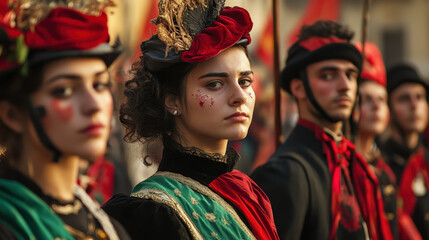 Fototapeta premium A serious young woman with expressive eyes and traditional makeup wears a vibrant red and green costume with a feathered hat. She stands amidst other traditionally dressed figures, possibly at a histo