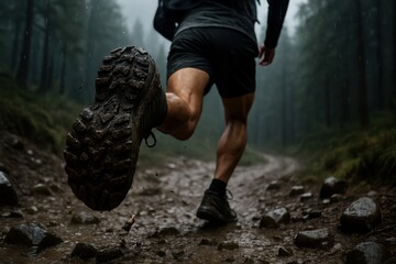 Close up low angle view of a trail runner muddy shoe and leg mid stride on a wet forest path