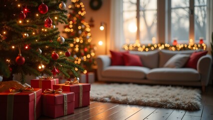 Blurred background on chrismas tree with gift boxes in living room, backdrop

