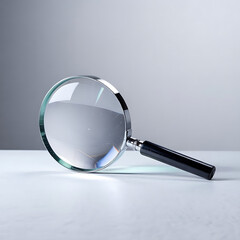 The vector illustration features a magnifying glass with a silver metallic frame, black handle, and clear convex lens reflecting light, isolated on a white background.