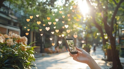 Woman Capturing Heart-Shaped Tree with Vintage Camera