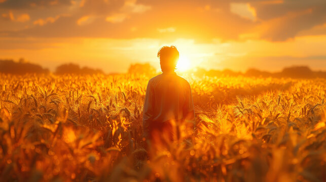 From behind, a rural entrepreneur stands in a field of golden wheat or sunflowers, gazing at the radiant sunset. The warm, glowing light bathes the landscape, evoking a sense of hope and tranquility