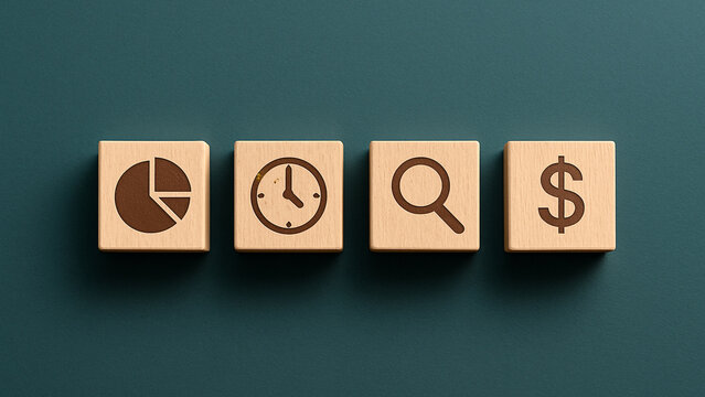 Four square icons on deep green background showing dollar sign, stopwatch, clock, and pie chart, symbolizing financial planning, time management, and performance tracking in business strategy
