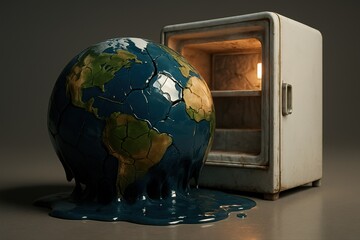 Melting cracked earth globe next to an open, old refrigerator symbolizing global warming.