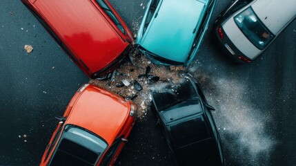 An aerial view of multiple cars in a chaotic collision, portraying urban chaos and the complexities of city life, inviting thoughts on safety and resilience in society.