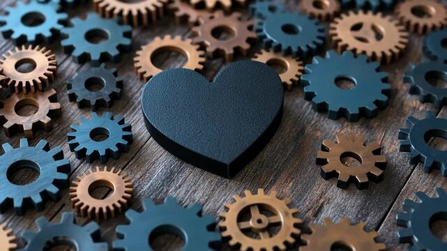 Mechanical heart gears on wood industrial interconnection concept backdrop