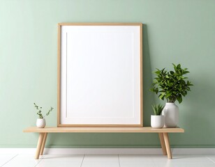 Blank Canvas in Wooden Frame Against Green Wall