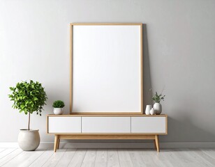 Blank Canvas in Wooden Frame Against Grey Wall