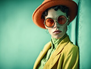 Confident young woman with strabismus wearing orange hat and sunglasses in colorful retro outfit against teal wall
