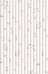 Embroidered flowers on pink striped background seamless pattern