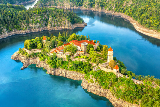 Zvikov Castle on the Orlicka Dam in South Bohemia. The castle is located at the confluence of the Vltava and Otava rivers, Czech Republic