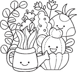 A fun and whimsical black and white doodle artwork showing a group of cute cartoon characters, including a smiling star, a frog, a flower, and other imaginative creatures.