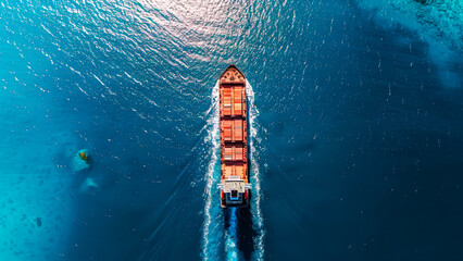 Top-down drone shot of cargo ship navigating clear ocean waters