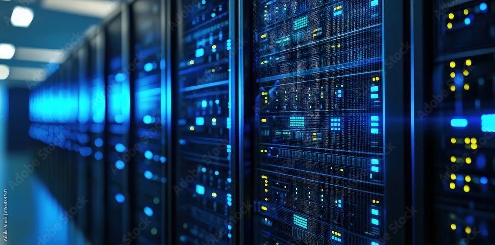 Poster modern data center with glowing blue and yellow led lights on server racks, perfect for technology, 