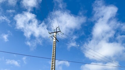 Stark power lines dissect azure skies, evoking Silent Sky Day and Be Kind to Humankind Week's...
