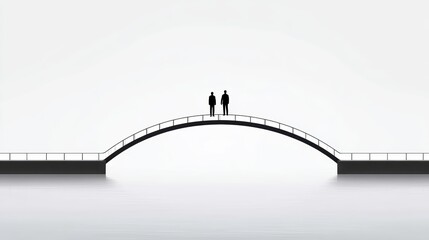 Minimalist image of two people standing on a curved pedestrian bridge over calm water with a white background.