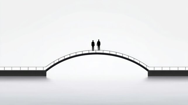 Minimalist image of two people standing on a curved pedestrian bridge over calm water with a white background.