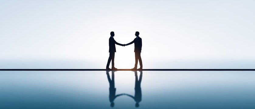 Two silhouetted businessmen shake hands on a narrow platform with their reflection visible in the water below, symbolizing partnership and agreement.