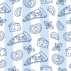 Seamless pattern with hand drawn outline pizza, cheese and tomato on white and blue stripes. Doodle drawing for print, menu design, poster, banner. Vector illustration