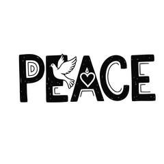 Peace Typography Icon with Dove and Heart – Vector Line Art for Harmony, Love, and Unity Campaigns