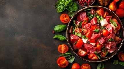 An appetizing layout of fresh ingredients including tomatoes, basil, and mozzarella is displayed for a nutritious salad, appealing to culinary enthusiasts and food lovers alike.