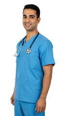 Young male nurse in blue scrubs