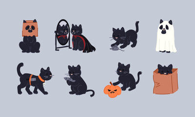 Cute Black Cat character in Halloween Costumes and Poses in flat style