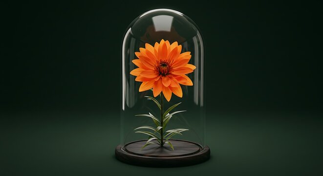 Capture the timeless beauty of a vibrant orange daisy perfectly preserved under a glass dome. This stunning image evokes elegance, protection, and enduring natural beauty.
