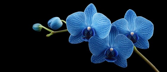 Obraz na płótnie Canvas A close-up of three vibrant blue orchid flowers on a single stem against a black background.