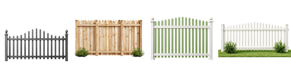 Fototapeta premium Four Isolated Fences with Bushes: Different Styles on White Background
