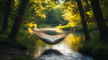 A hammock tied between two trees on the riverbank, overlooking a calm water surface with soft reflections of the surrounding forest.