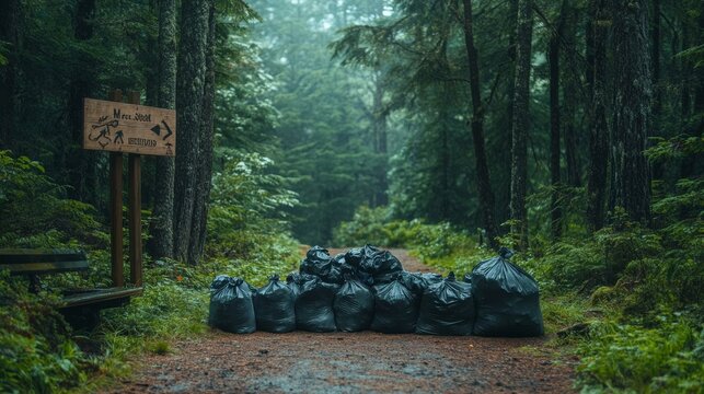 A scenic forest scene with a pile of collected trash bags near a trail sign, signifying a successful cleanup effort, surrounded by greenery and towering trees.