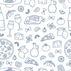 Hand drawn outline mediterranean food seamless pattern. Doodle drawing for print, menu design, poster, banner. Vector illustration
