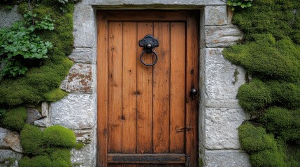 A vintage wooden door with a rustic iron knocker, set against the stone facade of an old house, surrounded by natural textures like moss and weathered stone