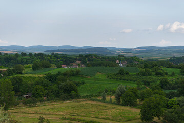 Obraz premium Panoramic rural landscape with hills and green fields
