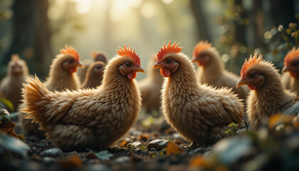 Fototapeta premium Group of Chickens in Forest Exploring Ground in Soft Sunlight