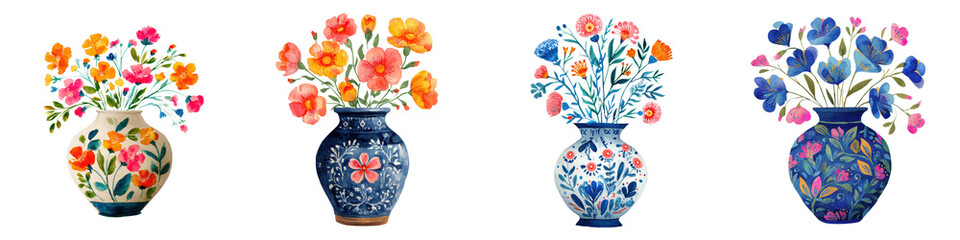 Watercolor Flower Arrangements in Ornate Vases, Isolated on White