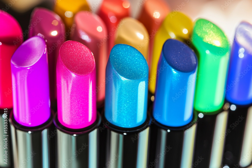 Poster vibrant close-up of colorful lipsticks in bright display generative ai