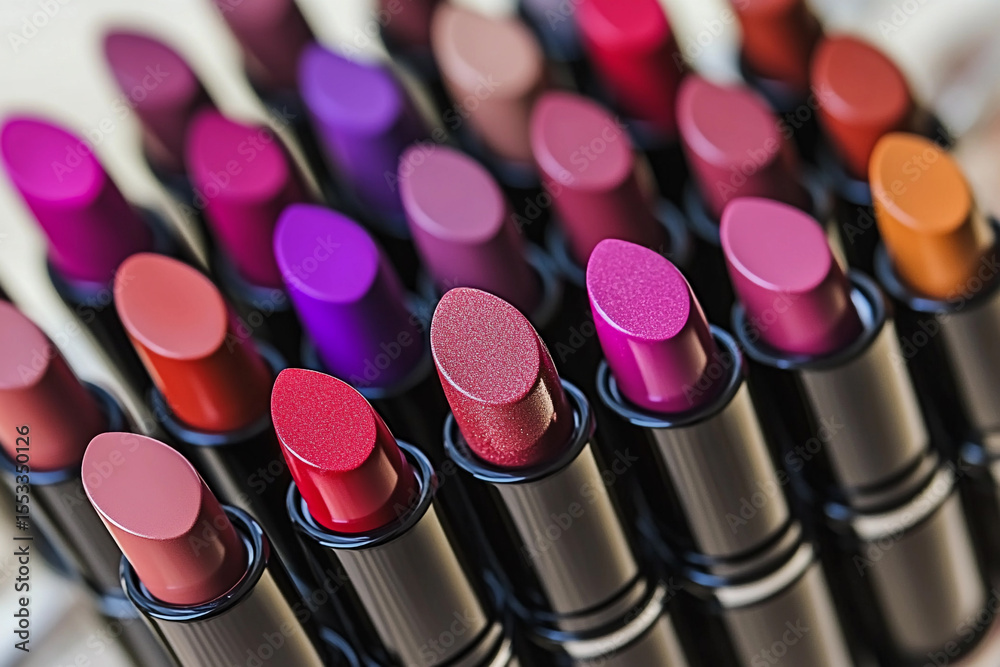 Poster close up of vibrant lipsticks in various shades and colors generative ai