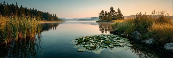Banner with tranquil lake at summer dawn with water lilies and golden grass for countryside escape visuals