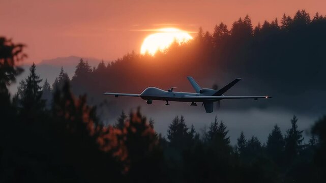 MQ-9 drone&rsquo;s silhouette crosses the sun as it passes over a classified bunker entrance hidden in dense forest