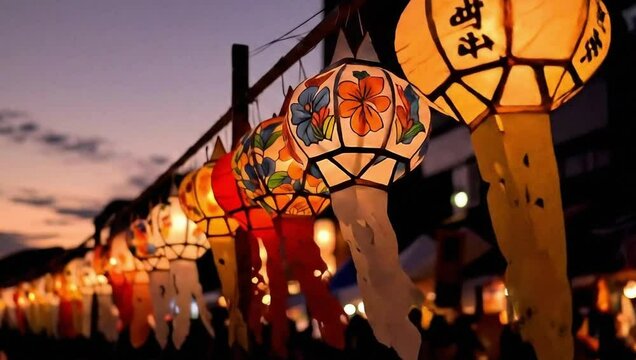 Illuminated paper lanterns hanging at dusk for yi peng festival celebration in chiang mai thailand